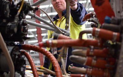Pete proudly surveys the work so far. Feb 2017. Engines installed, Kanana gleams in the sunlight. Feb 2017.